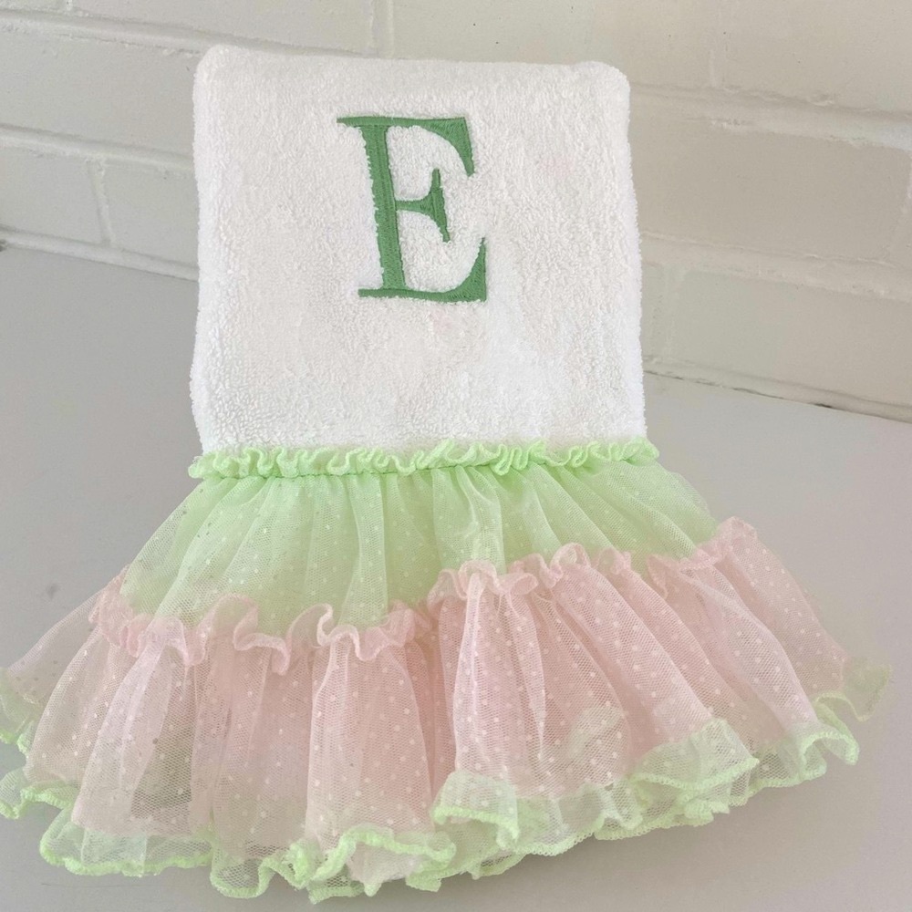 Girls Bathroom Embroidered E White Hand  Towel With Full Pastel Ruffles